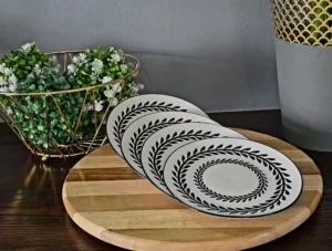 Set of 4 White with Black Pattern Plates