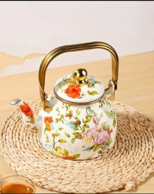 Vintage-Inspired Enamel Kettle - Flower & Bird