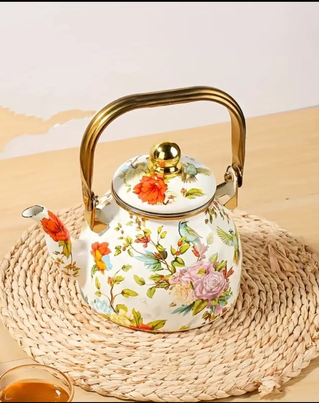 Vintage-Inspired Enamel Kettle - Flower & Bird