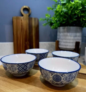 Set of 4 White with Blue Pattern Tapas Bowls