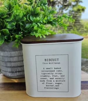 Medium size Biscuit Canister - with writing & wooden lid