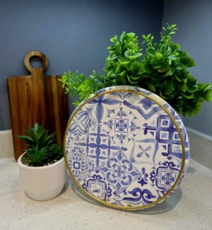 White with Blue Pattern + Gold Tray
