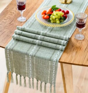 Rustic Olive Green Farmhouse Boho Linen Table Runner