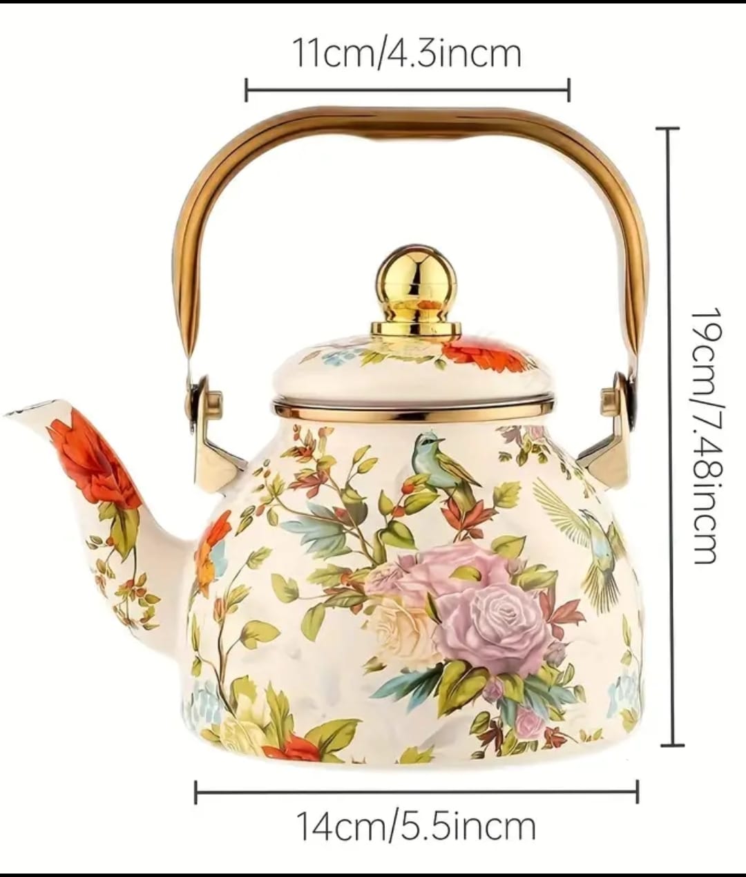 Vintage-Inspired Enamel Kettle - Flower & Bird - Image 3