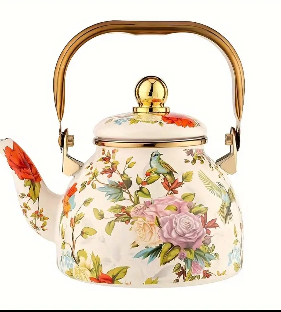 Vintage-Inspired Enamel Kettle - Flower & Bird - Image 2