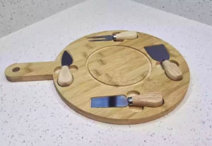 Round Bamboo Cheese Board Set with 4 Knives