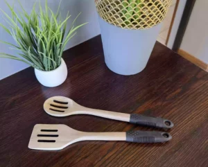 Set of 2 Wooden Slotted Spoon & Spatula with Silicone Handle