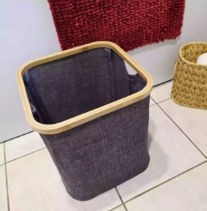 Grey & Bamboo Square Foldable Storage Basket