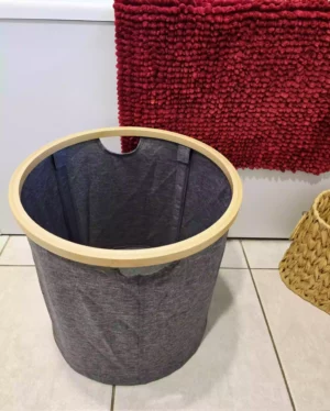 Grey & Bamboo Round Foldable Storage Basket