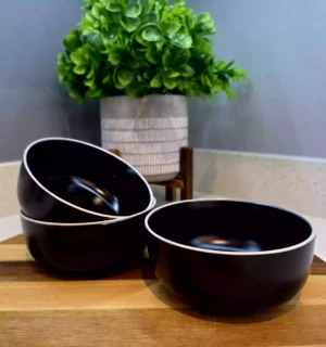 Set of 3 Matte Black Bowls with White Rim